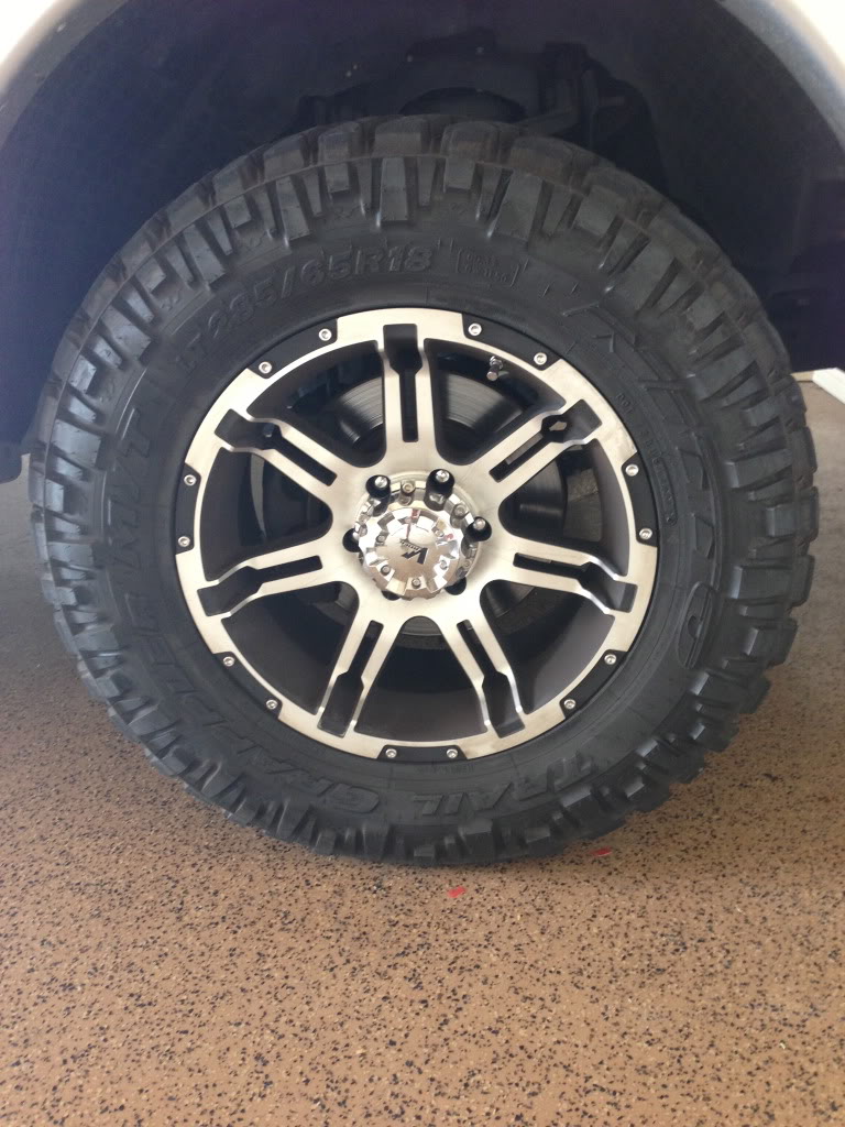 18 inch Vrock Vr1 with size 285/65R18 Nitto Trail Grapplers. 